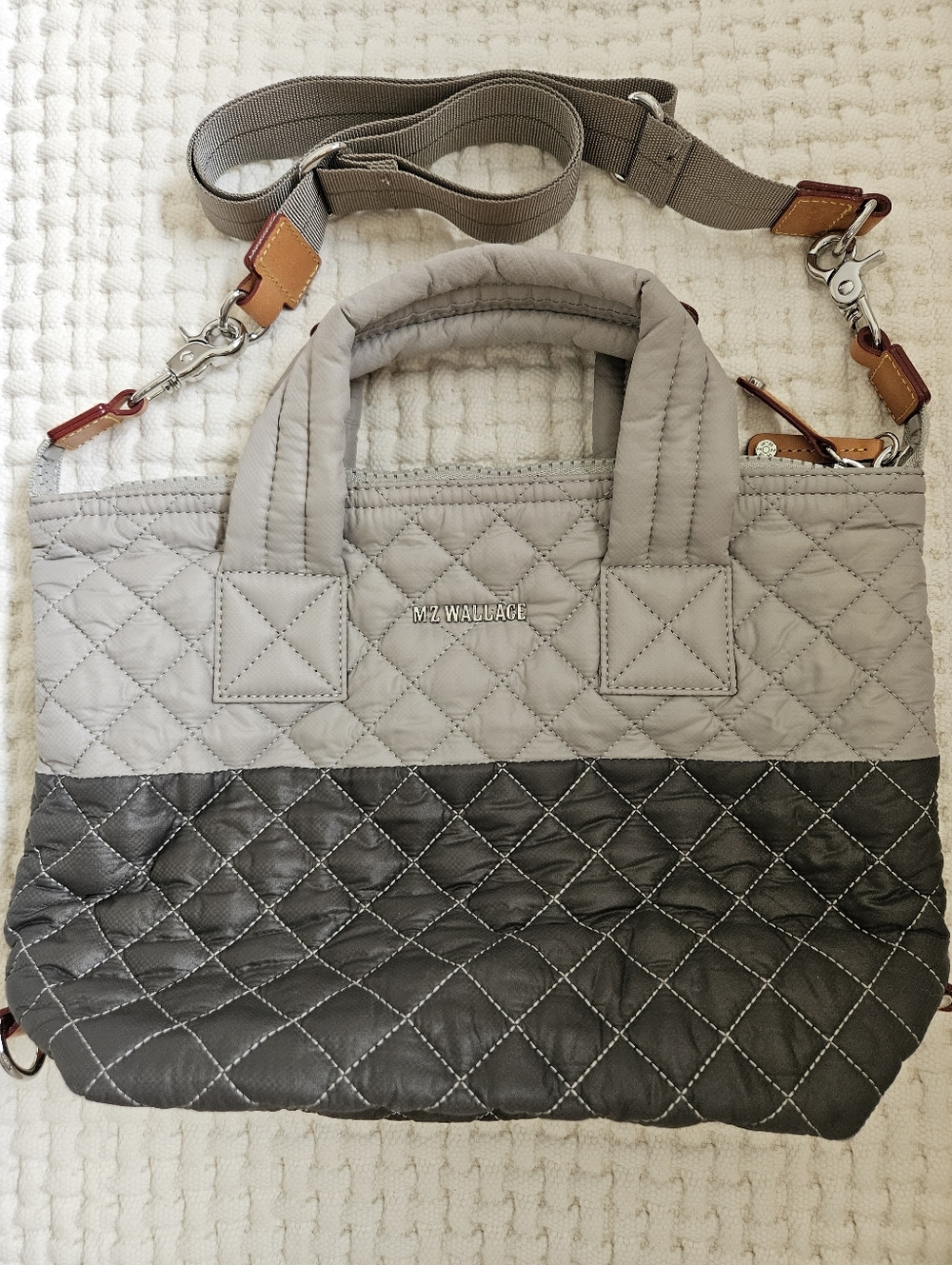 MZ Wallace Small Sutton Two-Tone Gray Bag with Top Handles and Adjustable Strap